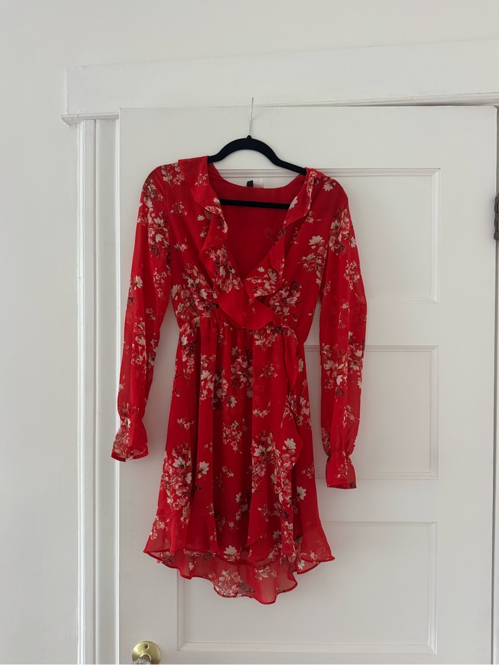 H&M Red Floral Ruffle Wrap Mini Dress